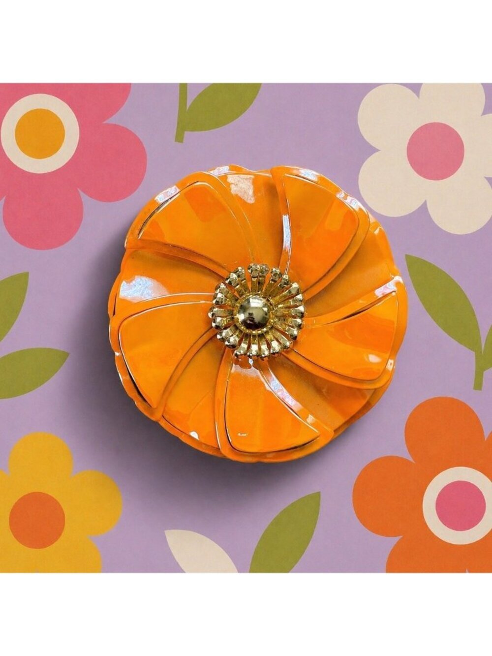 Vintage 1960s Enamel Flower Brooch Orange Gold Large 2.5" Pop Art MOD Floral Pin
